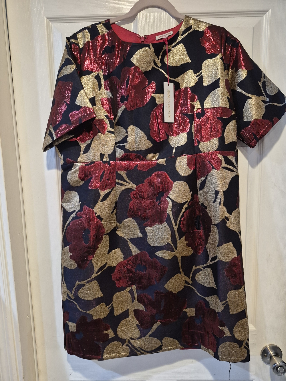 Frances Valentine Navy Dress with Red and Gold Floral Jacquard